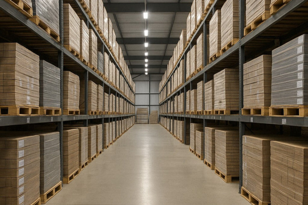 Large warehouse with rows of stacked cardboard boxes on pallets.